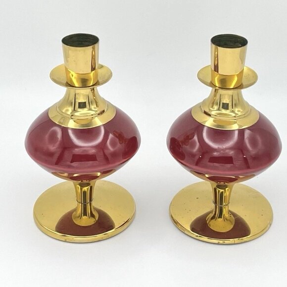 Vintage Mid-Century W. Delft B Holland Red & Gold Brass Candle Holders Atomic - Picture 3 of 11